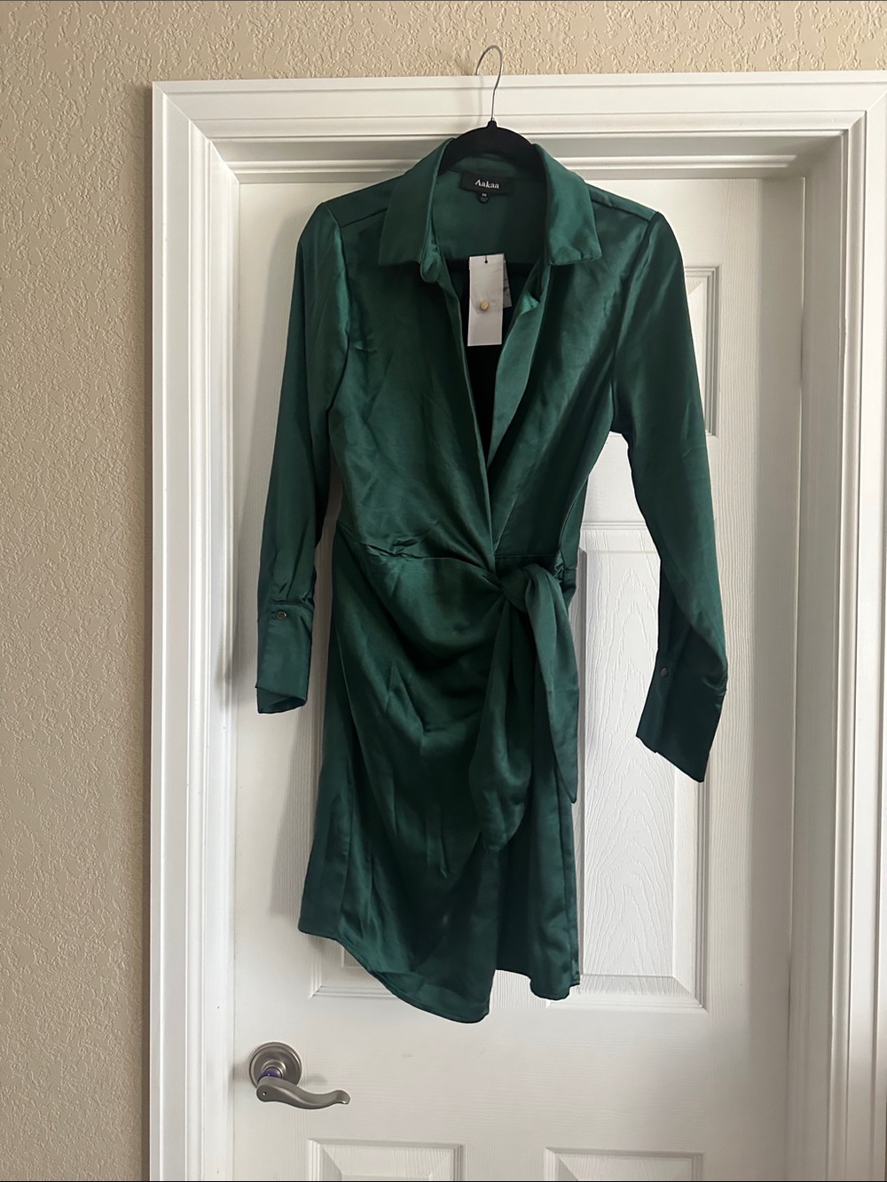 Aldo Emerald Green Satin Tie-Waist Long Sleeve Dress